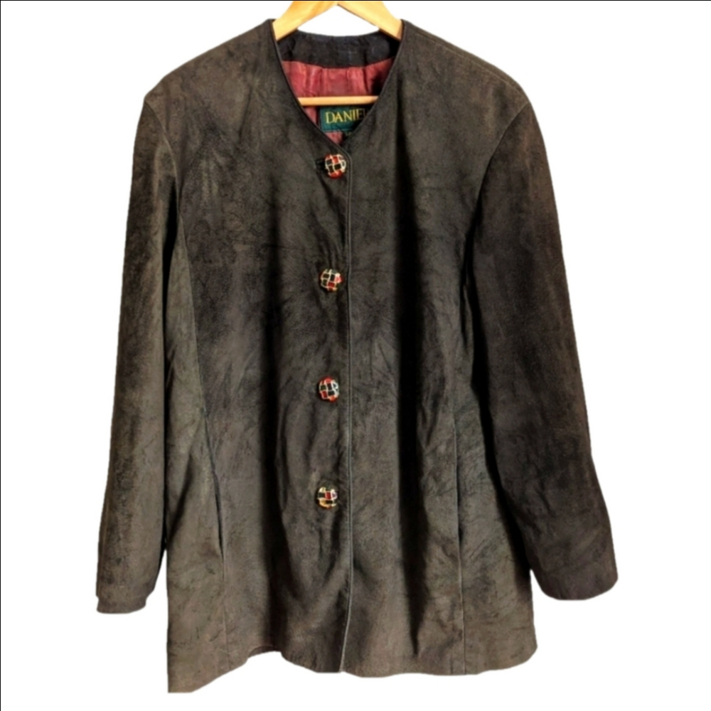 DANIER VINTAGE Forest Green Artsy Bohemian Retro Leather 90's Long Blazer Small